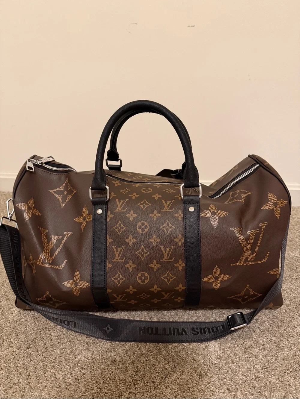 COPY - Louis Vuitton Brown Monogram Canvas & Black Trim Duffel